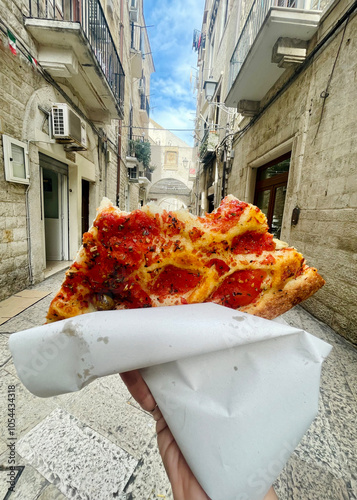 Focaccia Barese in Street, Bari, Italy photo