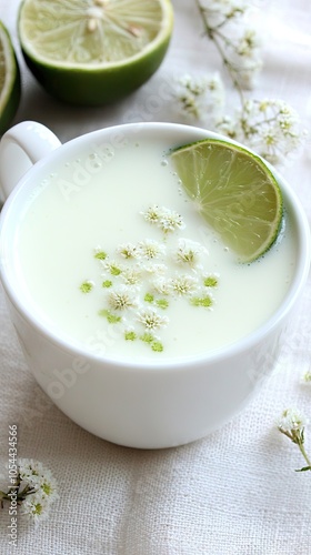 A calming cup of herbal tea with lime leaves and dried flowers on a white tablecloth, perfect for a serene moment of relaxation