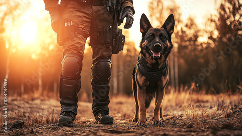 K9 police officer with a trained dog, ready for action, K9 unit, police work with dogs photo