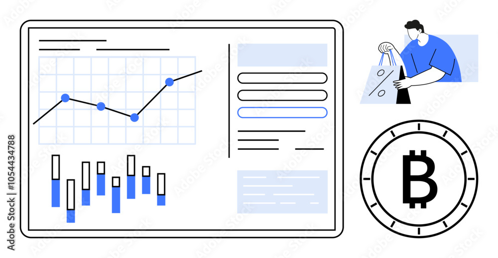 Data dashboard showing financial graphs, shopper holding discount bag, and Bitcoin symbol. Ideal for finance, shopping, technology, investment, cryptocurrency, economics, market analysis. Line Data dashboard showing financial graphs, shopper holding discount bag, and Bitcoin symbol. Ideal for finance, shopping, technology, investment, cryptocurrency, economics, market analysis. Line