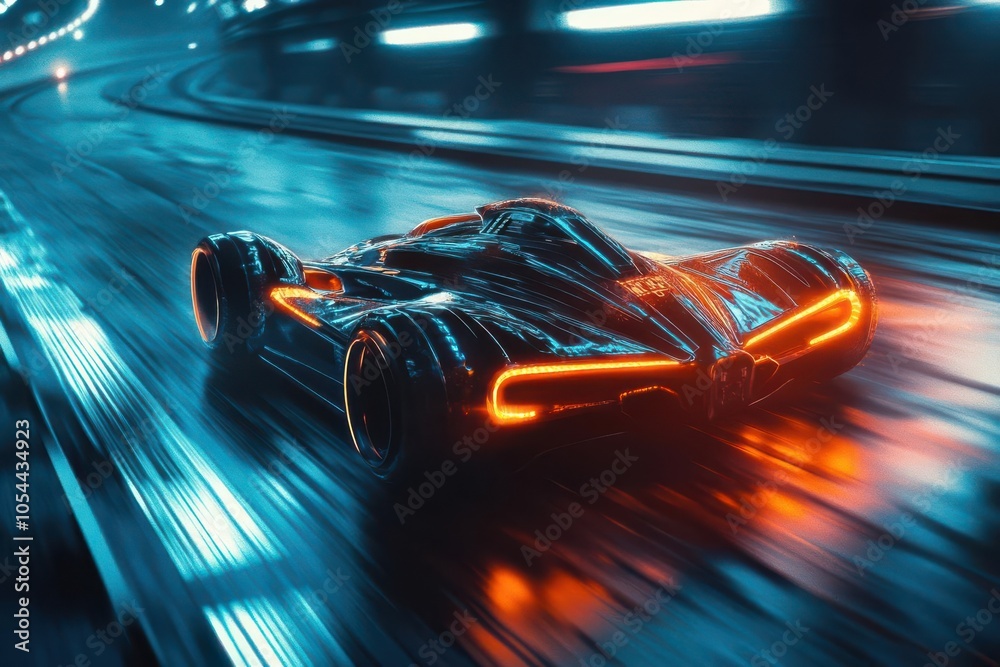 Futuristic car racing on a neon-lit track, motion blur effect. Futuristic car racing on a neon-lit track, motion blur effect.