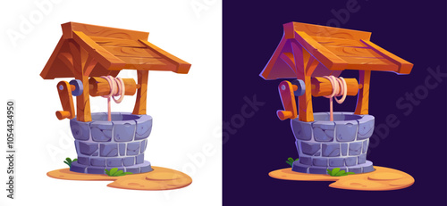 Cartoon stone water well with bucket, wood pulley, rope and winch, vector artesian water source. Village or farm old round dug well with rustic rock masonry and wooden roof, cartoon game assets