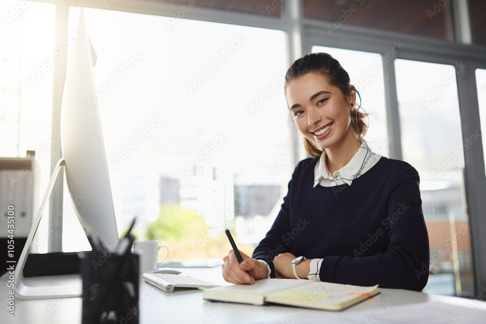 Business woman, portrait and writing intern at desk with notes, schedule and diary planning. Notebook, pen and young professional with planner for online journalism and digital content creation ideas Business woman, portrait and writing intern at desk with notes, schedule and diary planning. Notebook, pen and young professional with planner for online journalism and digital content creation ideas