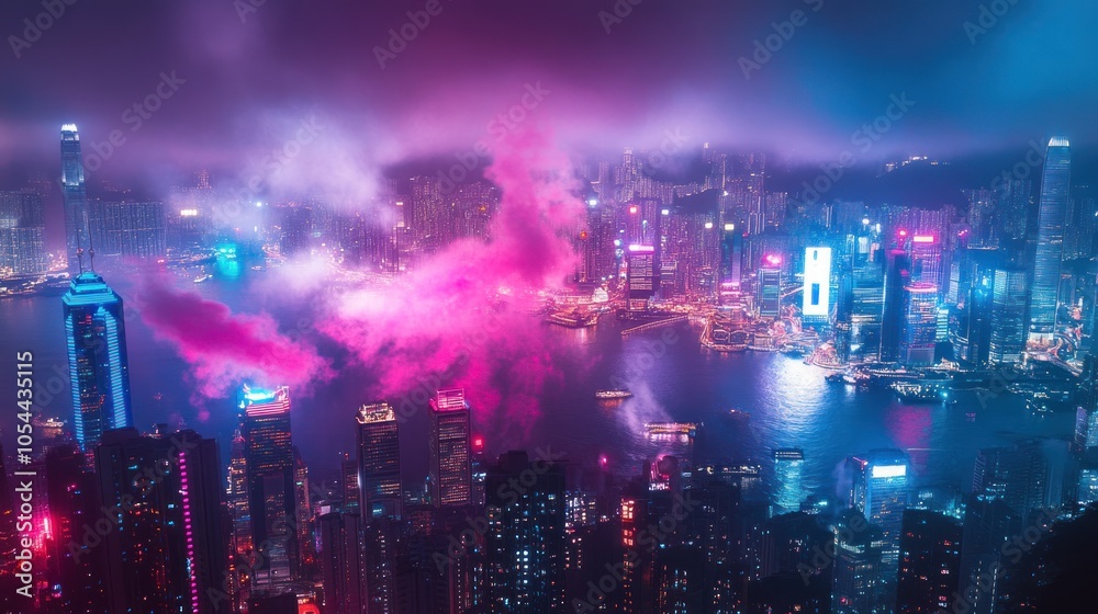 Obraz premium A vibrant, colorful, and illuminated cityscape at night, with buildings reflecting the neon lights and creating a beautiful, futuristic atmosphere.