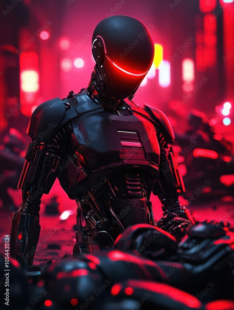 Futuristic robot in a dystopian setting with neon lights and debris. Futuristic robot in a dystopian setting with neon lights and debris.