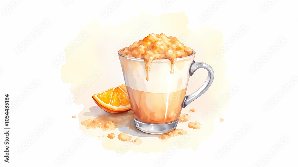 Coffee with orange slice and cream topping in watercolor style Coffee with orange slice and cream topping in watercolor style