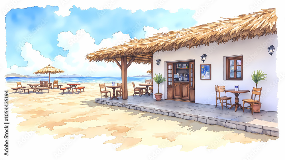 Fototapeta premium Charming watercolor seaside café with thatched roof and outdoor seating in a coastal setting