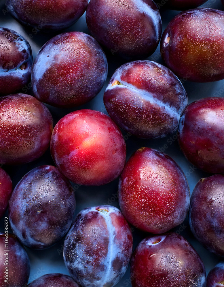 Obraz premium Plum fruit, Creative background design with food theme, focus on the pile of fresh Plum fruit