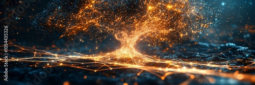 A radiant orange tree depicted with electric root patterns, symbolizing the interconnectedness of nature and technology through a vibrant, electrifying visual style. photo