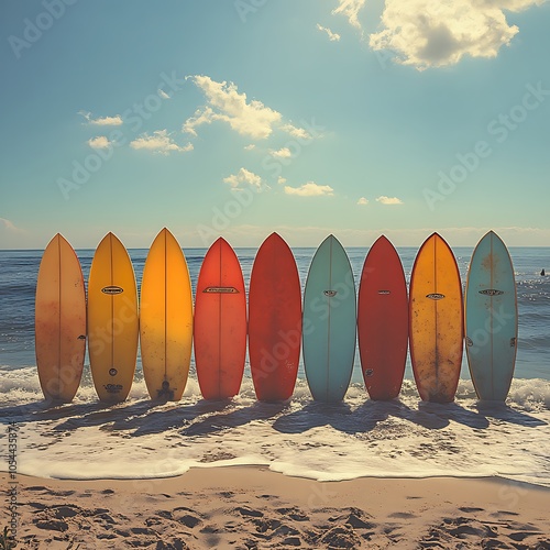 Surfboards Lined Up Colorful Beach Scene Sunset Vibrant View picture