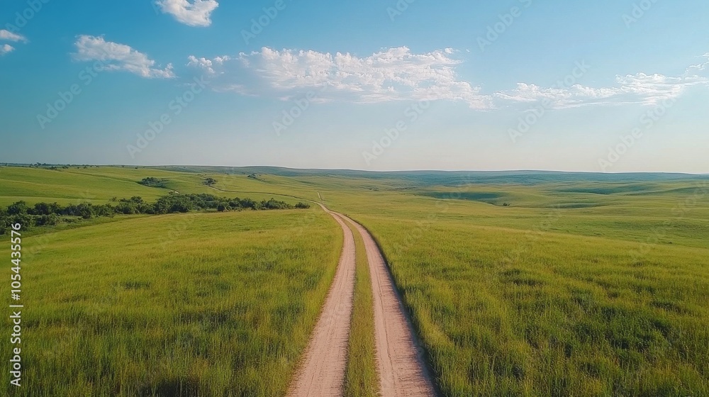 A winding dirt road through lush green fields under a clear blue sky in a tranquil landscape A winding dirt road through lush green fields under a clear blue sky in a tranquil landscape