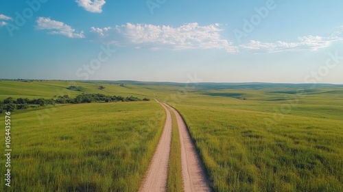 A winding dirt road through lush green fields under a clear blue sky in a tranquil landscape