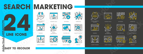 Sem icons. Search engine marketing vector line signs set. Target audience growth, increase sales, keywords, ranking or brand recognition. Pay per click, quality content, competitiveness and strategy