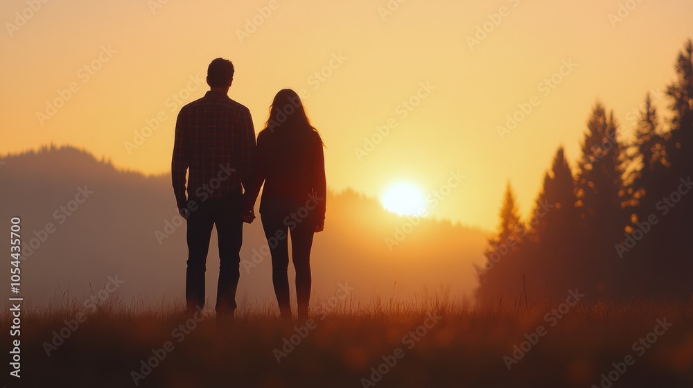 Couple standing together on a mountain ridge at sunset with a colorful sky in the background Couple standing together on a mountain ridge at sunset with a colorful sky in the background