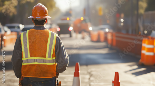 Construction worker directing traffic around a roadwork zone, ensuring safety, road construction, traffic control photo