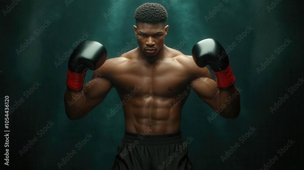 Muscular boxer posing confidently with gloves on, ready for a match. Muscular boxer posing confidently with gloves on, ready for a match.