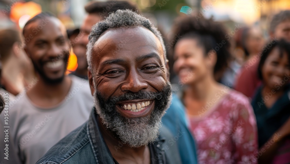 Joyful Man Smiling in a Festive Crowd Joyful Man Smiling in a Festive Crowd