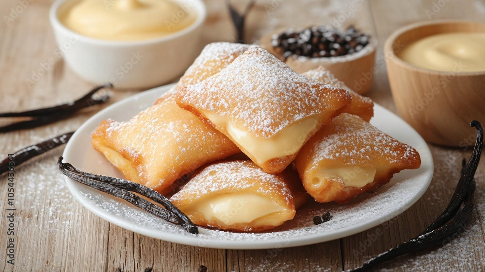 Beignets filled with custard, served on a white porcelain dish, isolated on a light wooden surface, with vanilla beans and custard bowls for decoration