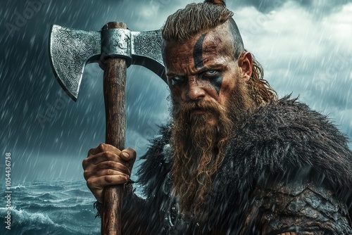 Viking warrior standing in the rain, holding an axe with fierce expression.