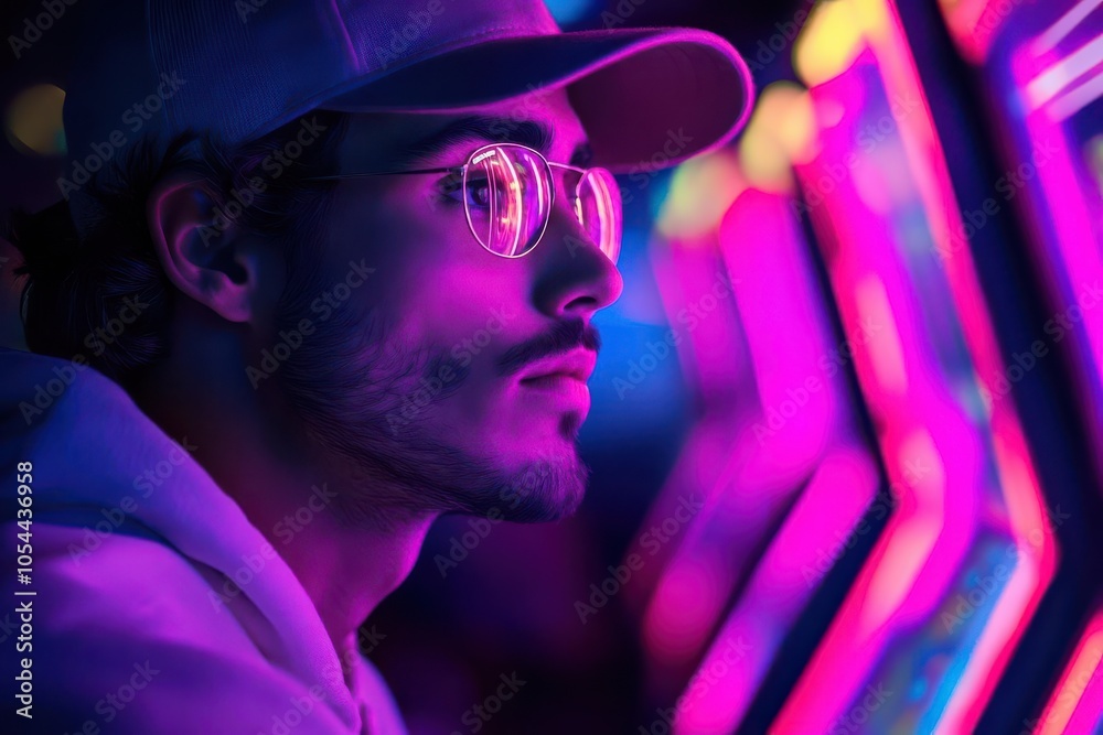 Young man in retro sunglasses immersed in vibrant arcade lights, thoughtful expression.