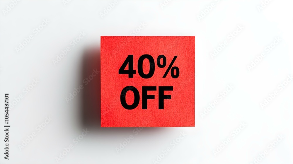 Black '40% OFF' Text on a Red Square Paper Note. White Background with Copy Space Black '40% OFF' Text on a Red Square Paper Note. White Background with Copy Space