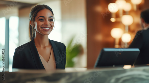 Receptionist helping a guest with directions, friendly interaction at the front desk, customer assistance, guest services