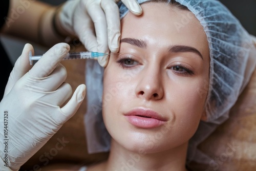 Closeup shot of young Caucasian woman getting beauty cosmetic injection in forehead, beautiful lady getting anti-aging treatment 