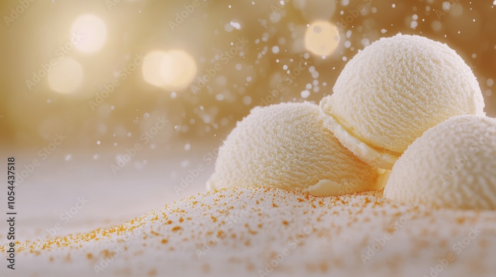 Summer dessert: three scoops of peach ice cream with mint on a sparkling background Summer dessert: three scoops of peach ice cream with mint on a sparkling background