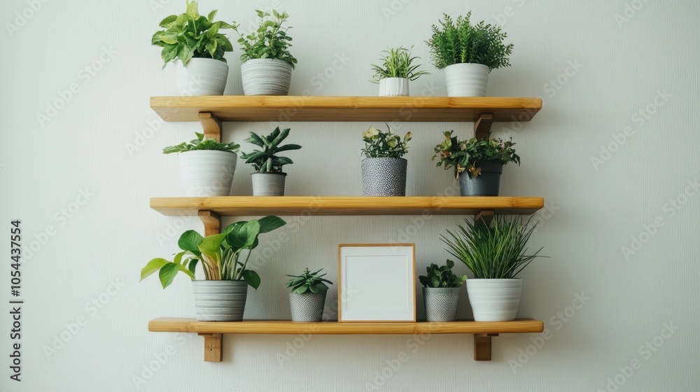 Stylish room interior with mock-up photo frame on the brown bamboo shelf with beautiful plants in different hipster and design pots. White walls. Modern and floral concept of shelves Stylish room interior with mock-up photo frame on the brown bamboo shelf with beautiful plants in different hipster and design pots. White walls. Modern and floral concept of shelves