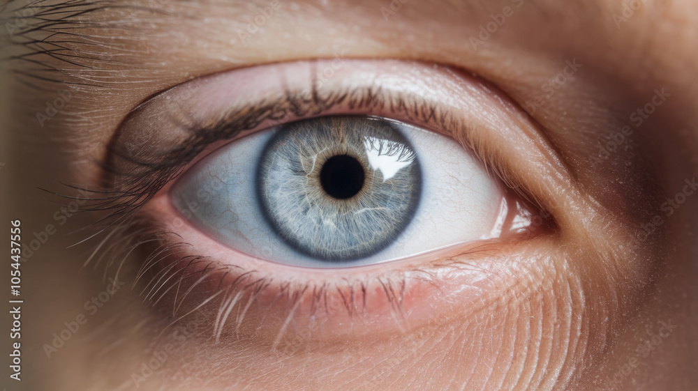 Close-up of a human eye with striking blue iris, showcasing fine details and textures in the skin surrounding it. Close-up of a human eye with striking blue iris, showcasing fine details and textures in the skin surrounding it.