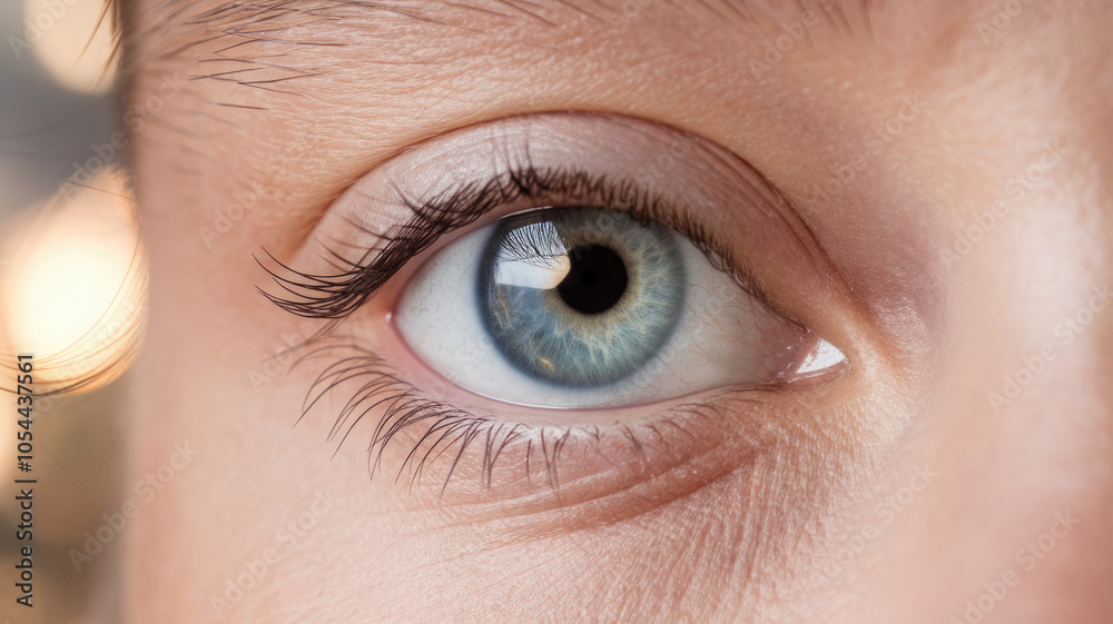 Close-up of a female's blue eye, showcasing intricate details, smooth skin, and long lashes, conveying a sense of curiosity and wonder in a softly blurred background. Close-up of a female's blue eye, showcasing intricate details, smooth skin, and long lashes, conveying a sense of curiosity and wonder in a softly blurred background.
