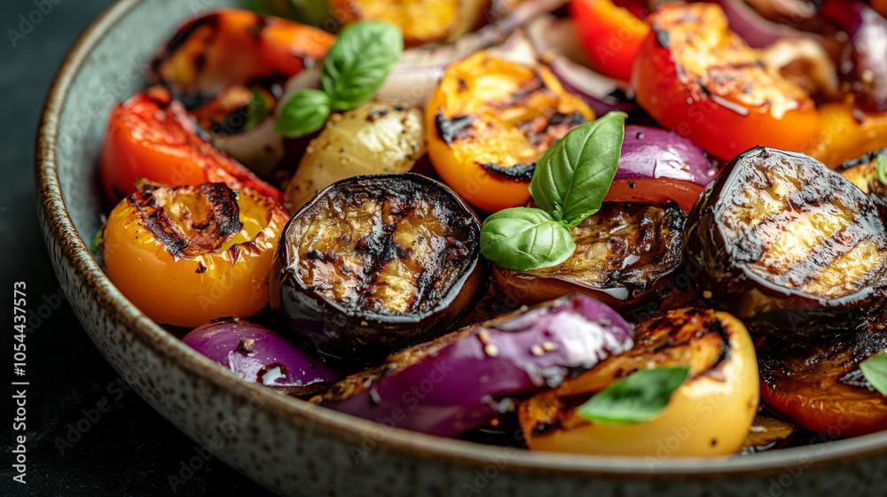 Grilled vegetables with basil in a ceramic bowl. Grilled vegetables with basil in a ceramic bowl.