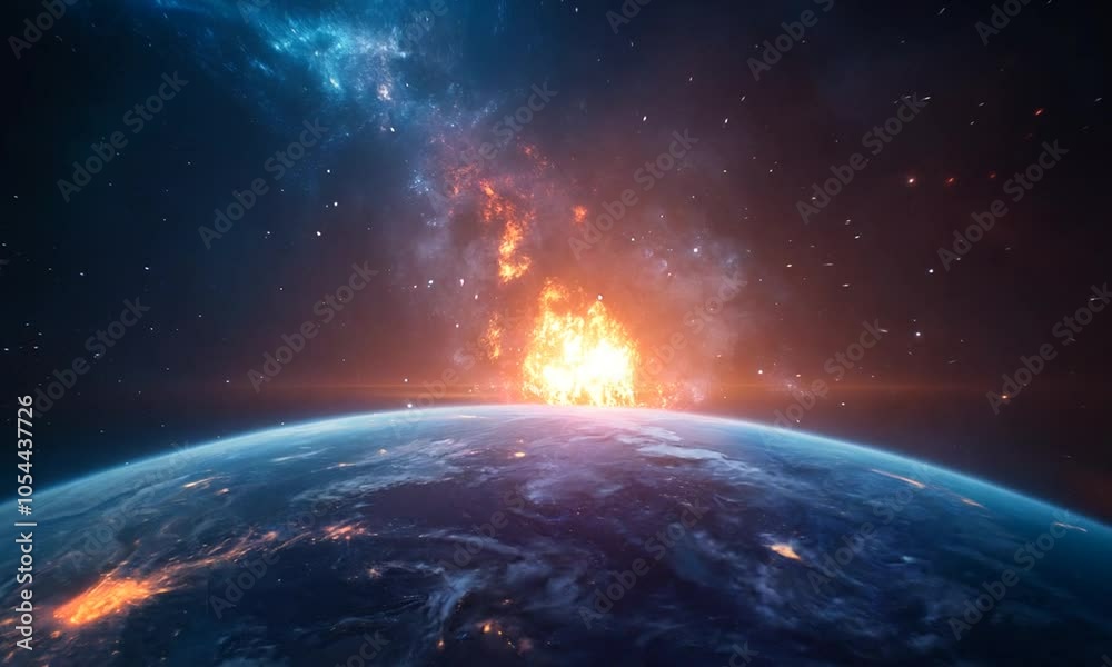A cosmic scene depicting Earth with a fiery explosion in the background, showcasing a dramatic space environment. A cosmic scene depicting Earth with a fiery explosion in the background, showcasing a dramatic space environment.