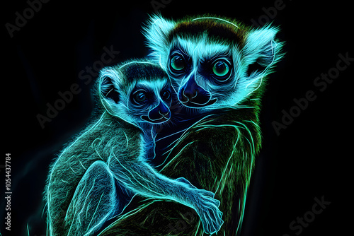 A striking illustration of a lemur mother cuddling her baby, outlined in blue and green neon colors, set against a dark background.