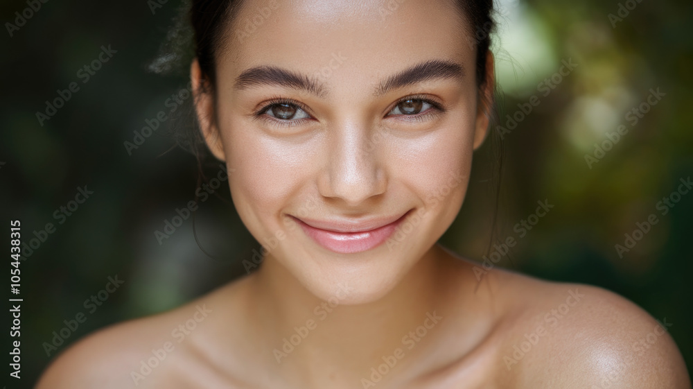 A radiant young woman of Asian descent smiles warmly, showcasing her natural beauty in a soft, blurred outdoor setting filled with lush greenery. A radiant young woman of Asian descent smiles warmly, showcasing her natural beauty in a soft, blurred outdoor setting filled with lush greenery.