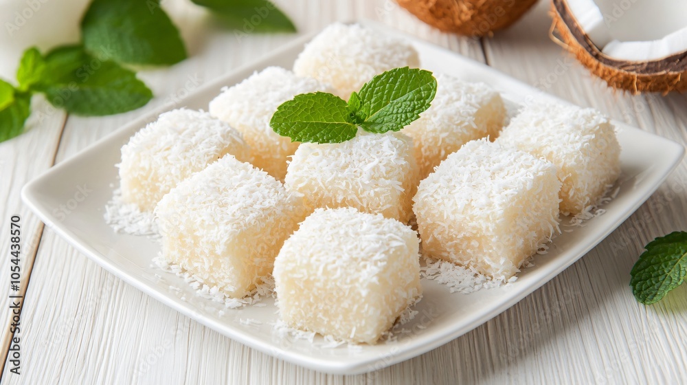 Coconut cream beignets, served on a white ceramic plate, isolated on a light wooden surface, with coconut flakes and mint leaves for garnish Coconut cream beignets, served on a white ceramic plate, isolated on a light wooden surface, with coconut flakes and mint leaves for garnish