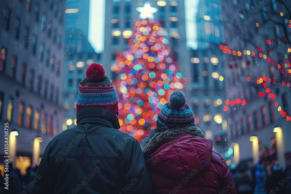 A couple stands together, gazing at a magnificent Christmas tree adorned with vibrant lights. The festive decorations and city ambiance bring warmth and joy to the cold winter evening. A couple stands together, gazing at a magnificent Christmas tree adorned with vibrant lights. The festive decorations and city ambiance bring warmth and joy to the cold winter evening.