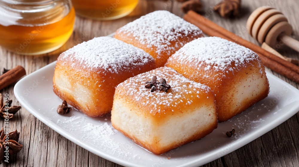 Freshly made beignets dusted with powdered sugar, served on a white ceramic plate, isolated on a wooden background with a side of honey and cinnamon sticks Freshly made beignets dusted with powdered sugar, served on a white ceramic plate, isolated on a wooden background with a side of honey and cinnamon sticks