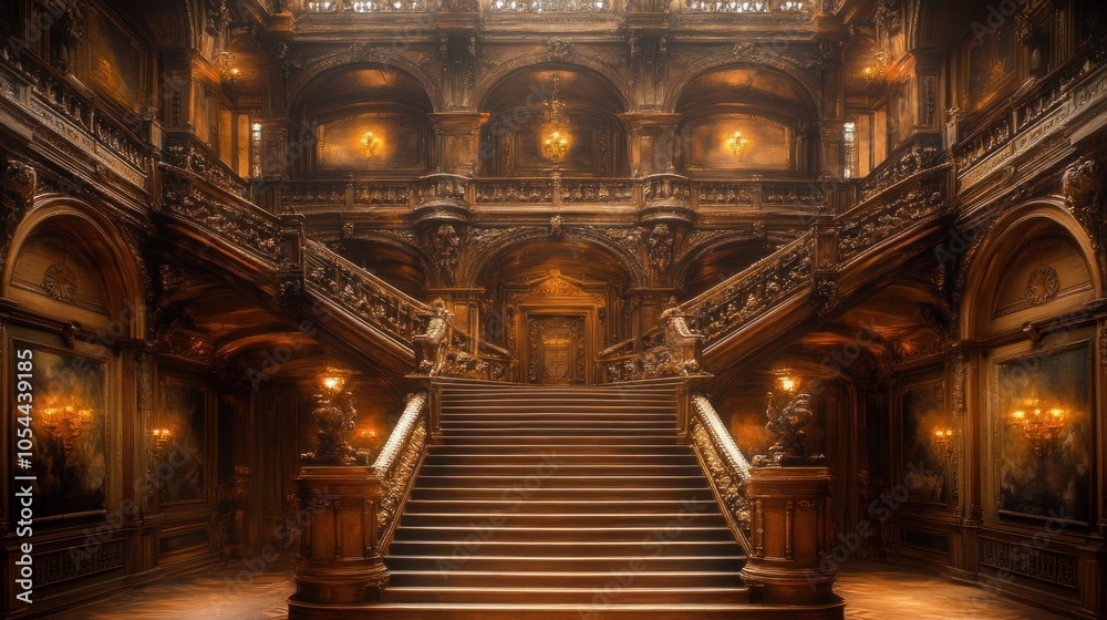 A grand staircase with ornate carvings and chandeliers in a luxurious mansion. A grand staircase with ornate carvings and chandeliers in a luxurious mansion.