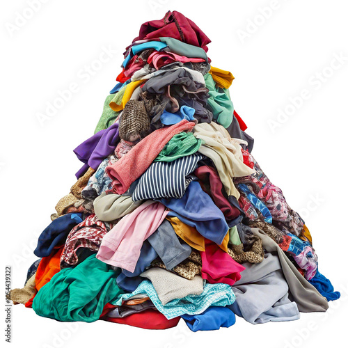 A large pile of colorful clothes stacked on top of each other on a transparent background hints at recycling, donation or the problem of textile waste.