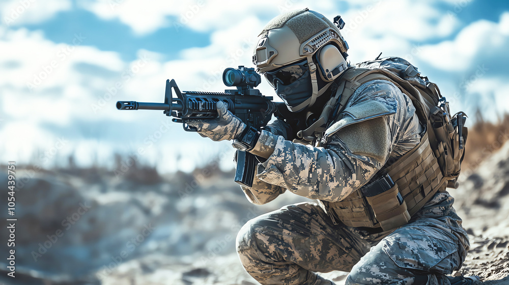 Soldier in combat gear crouching in a desert battlefield, holding a rifle, combat ready, military operation Soldier in combat gear crouching in a desert battlefield, holding a rifle, combat ready, military operation