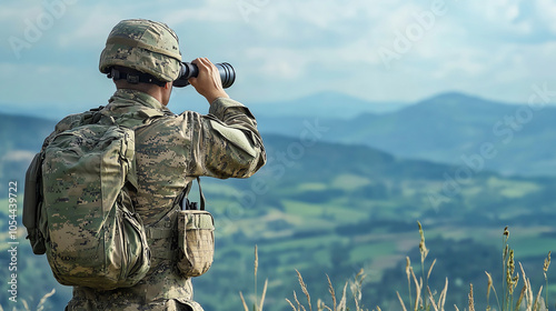 Soldier holding binoculars, scouting the terrain from a hilltop, military reconnaissance, strategic observation photo