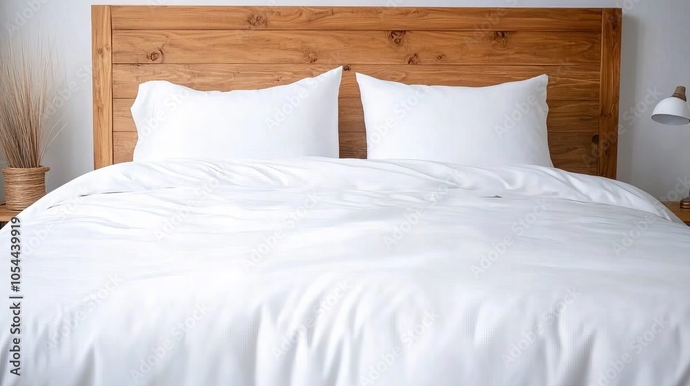 A pristine white duvet cover and pillows rest on a wooden bed frame. A pristine white duvet cover and pillows rest on a wooden bed frame.