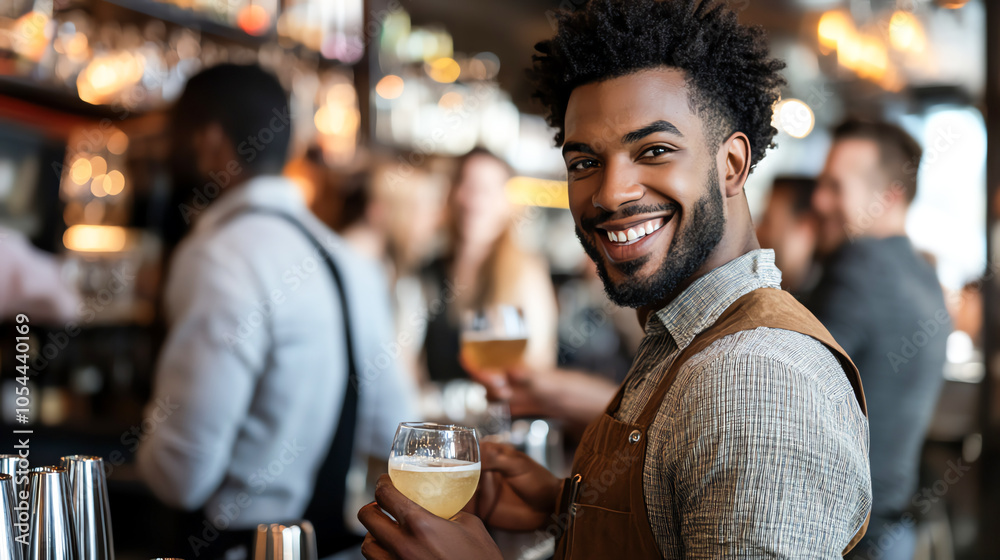 Bartender serving drinks to patrons at a lively bar, smiling and engaging, customer service, bar environment Bartender serving drinks to patrons at a lively bar, smiling and engaging, customer service, bar environment