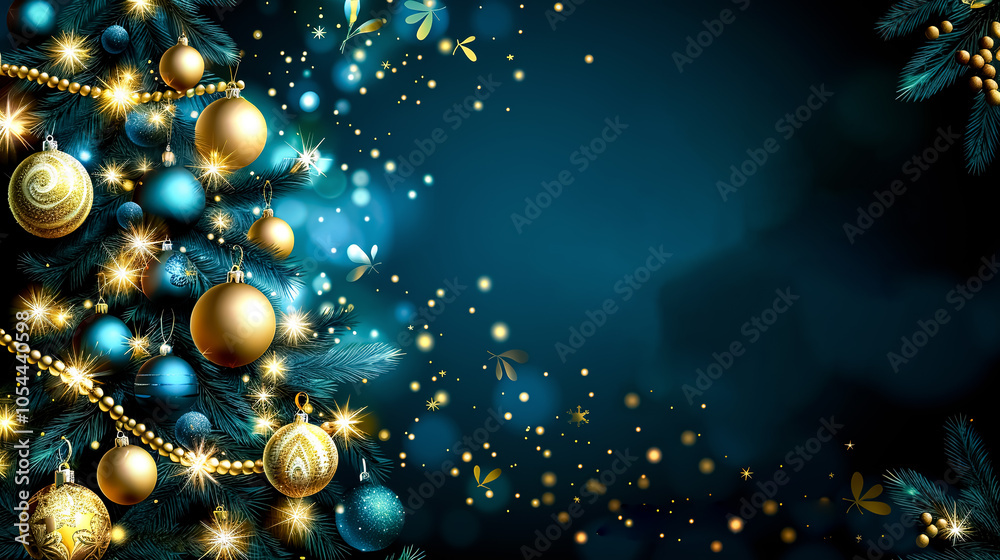 Christmas blue background with fir tree, snowflakes and balls. New Year and Christmas greeting card template with copy space. Christmas blue background with fir tree, snowflakes and balls. New Year and Christmas greeting card template with copy space.