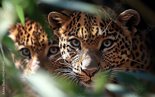 Two leopards intensely gaze from behind foliage, showcasing their striking fur patterns and piercing eyes in a lush, natural setting. photo