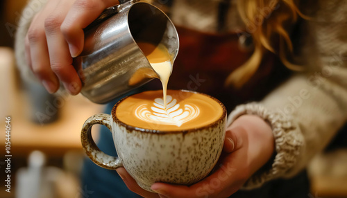 Barista expertly pouring steamed milk into a cup, creating latte art, latte art, coffee preparation photo