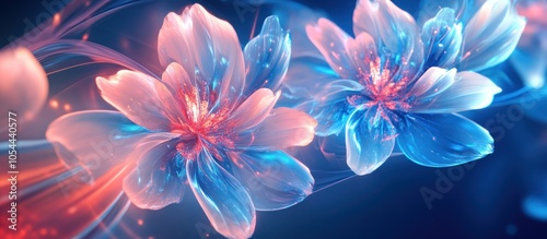 Two abstract, glowing flowers in pink and blue hues with glowing streaks behind them.