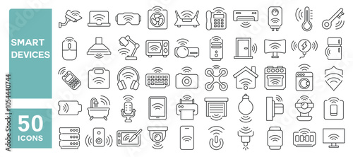 Set of 50 line icons related to smart devices, device, wifi, internet, gadgets, digital, machine, office, home, Editable stroke. Vector illustration