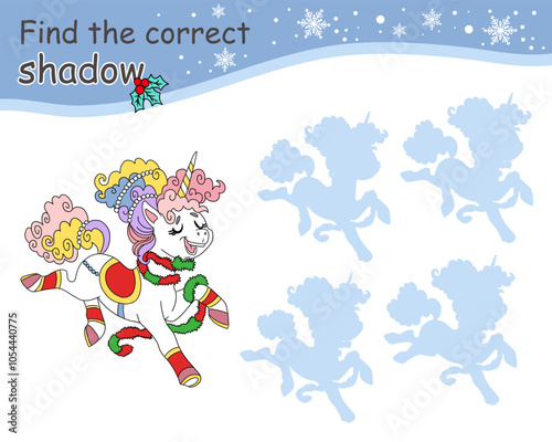 Find correct shadow game for children with Christmas cute unicorn